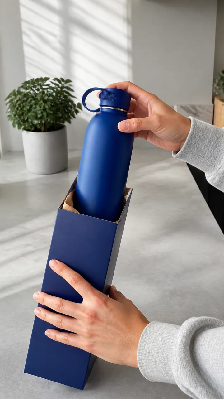 Unbranded creator video showing a blue bottle being unboxed